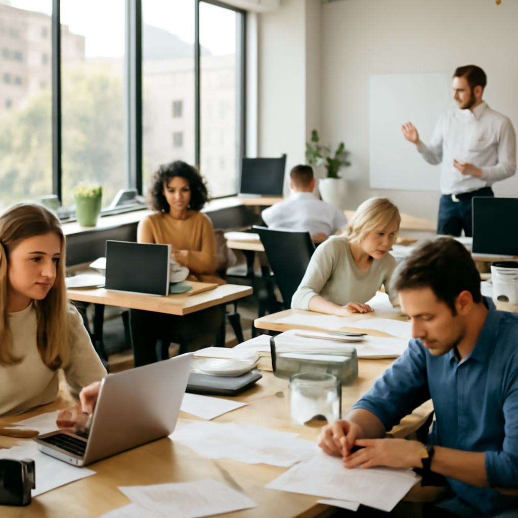 Employees work at desks in a brightly-lit office with a city view, one standing near a whiteboard.