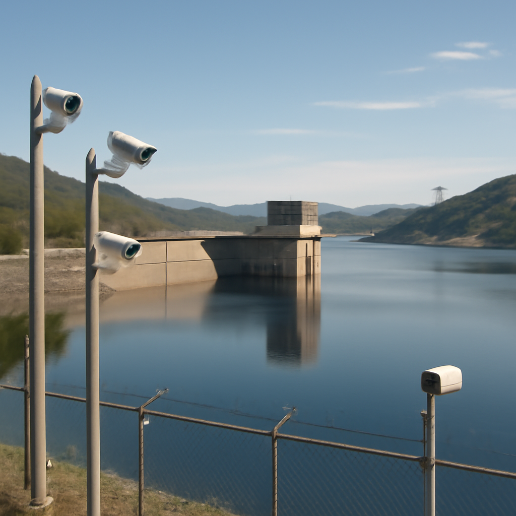 Remote dam surrounded by natural scenery with security cameras and fencing.