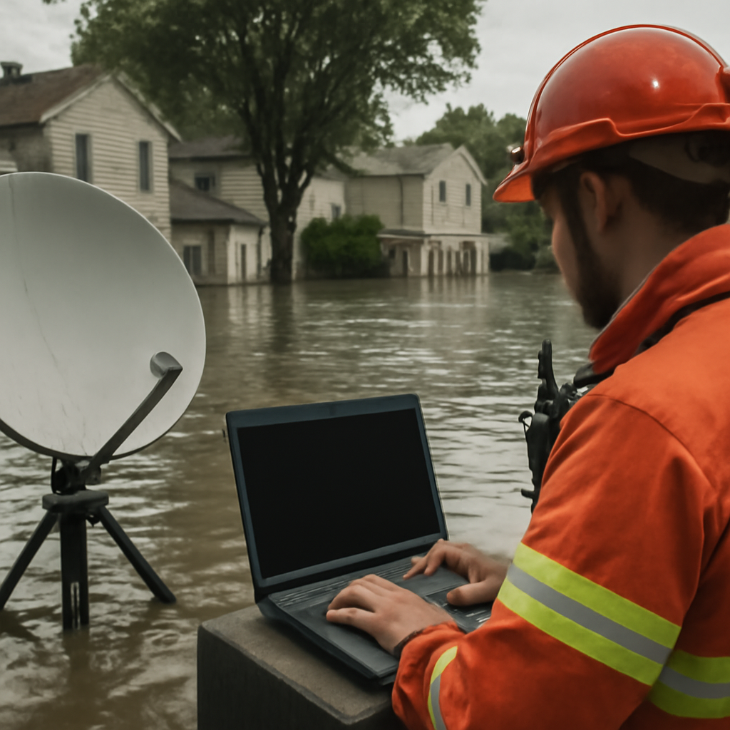 Flooded neighborhood with emergency responders and satellite device in foreground.