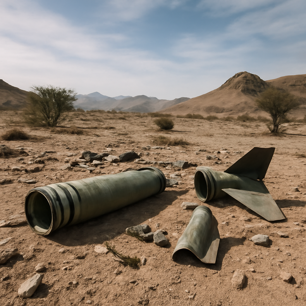 Scattered debris from a short-range ballistic missile lies strewn across a rugged, desolate landscape in northern Yemen.