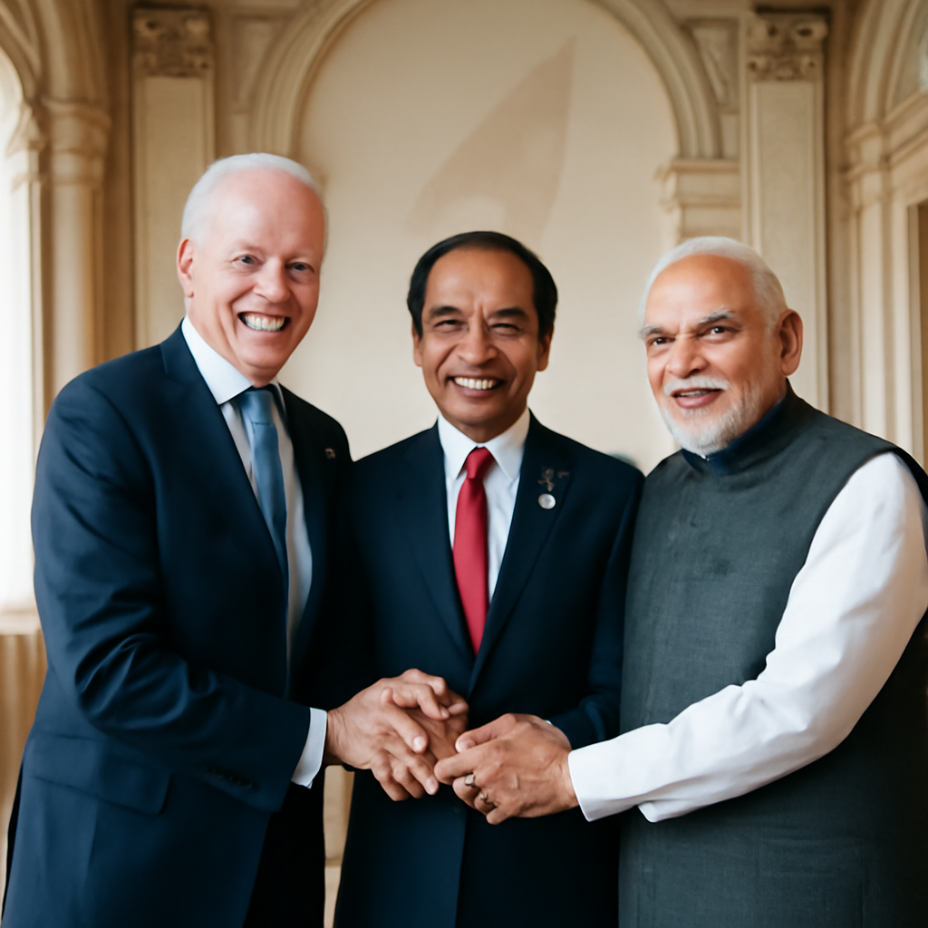 Three national leaders in formal attire stand together, united, in an ornate palace setting with high ceilings and natural…