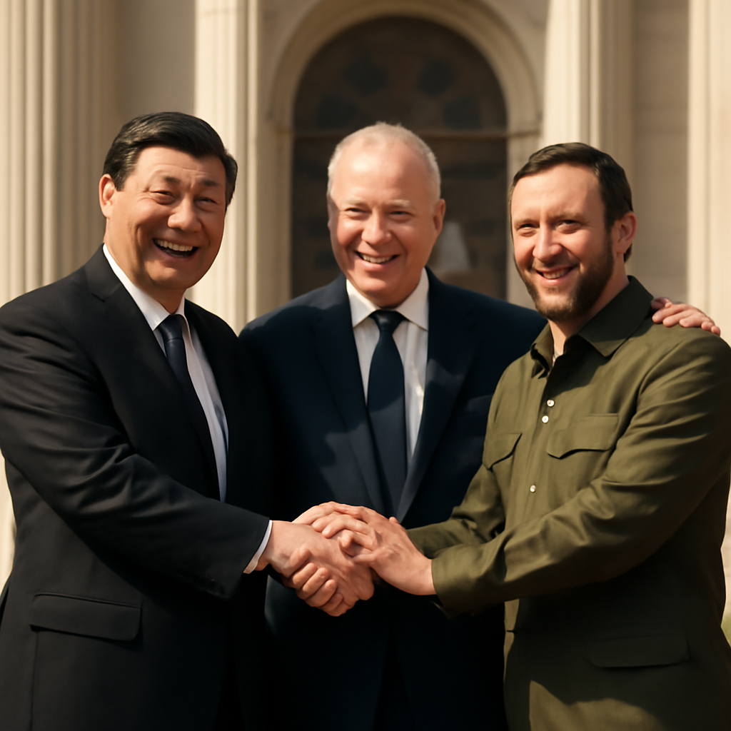 Three national leaders in formal attire stand together, showing unity, in front of an ornate palace facade.