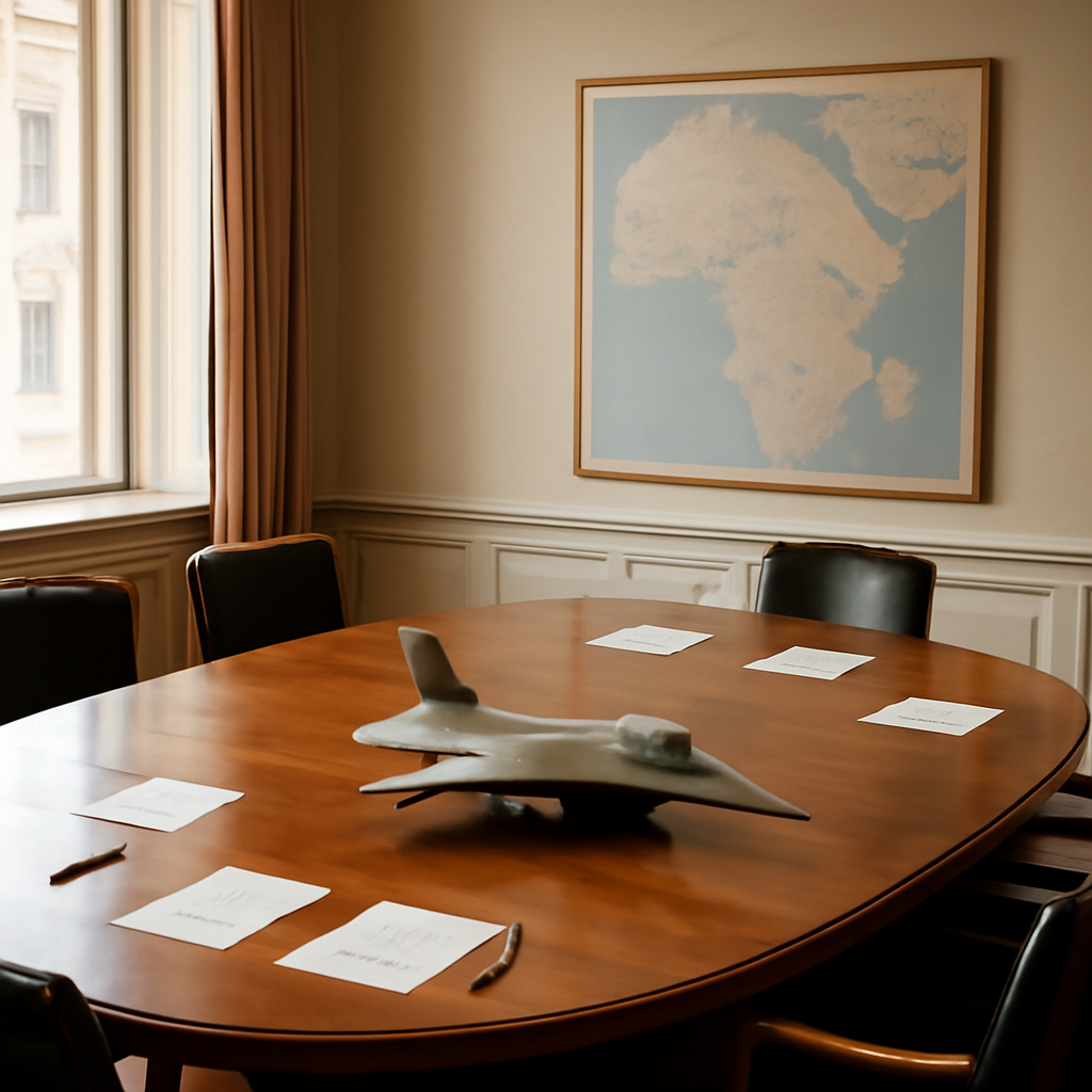 Formal meeting room with a large wooden table, chairs, and a model of a military aircraft or small arms on the table.