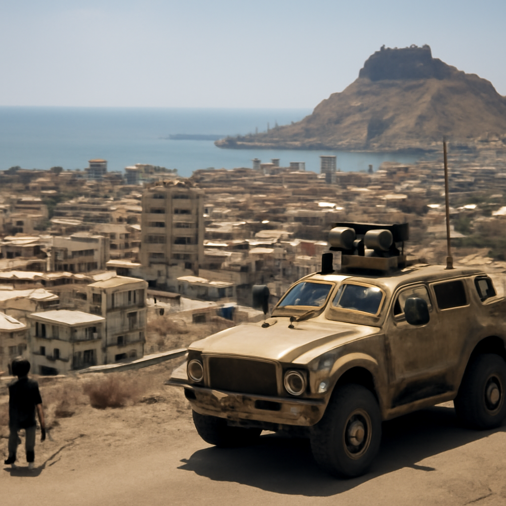 Military vehicles and soldiers in a Yemeni coastal town with a strategic hill in the background.