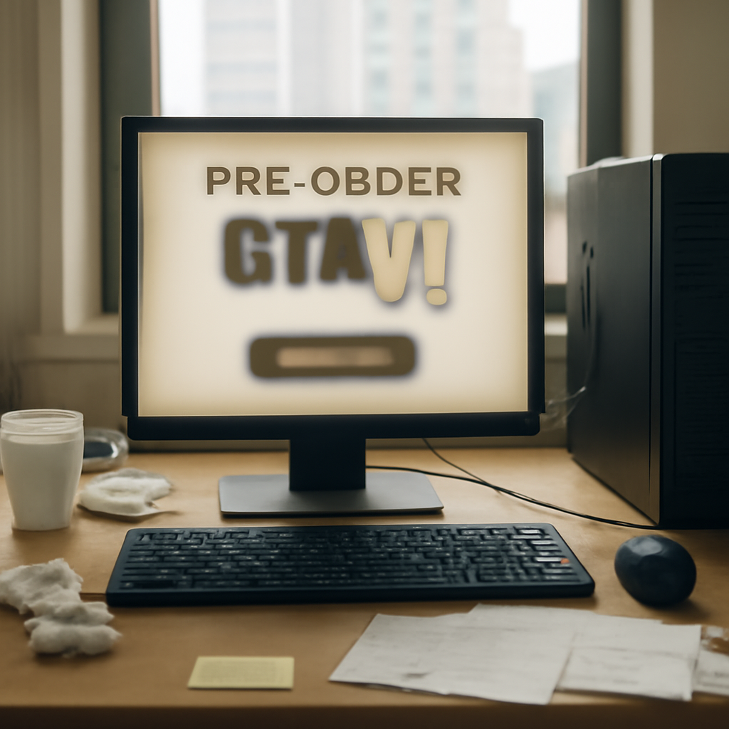 Fake pre-order website on a computer screen in a dimly lit room with cityscape view.
