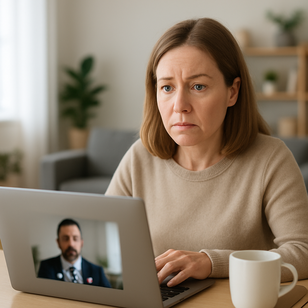 Person sitting at laptop with neutral expression, hint of Zoom call on screen.