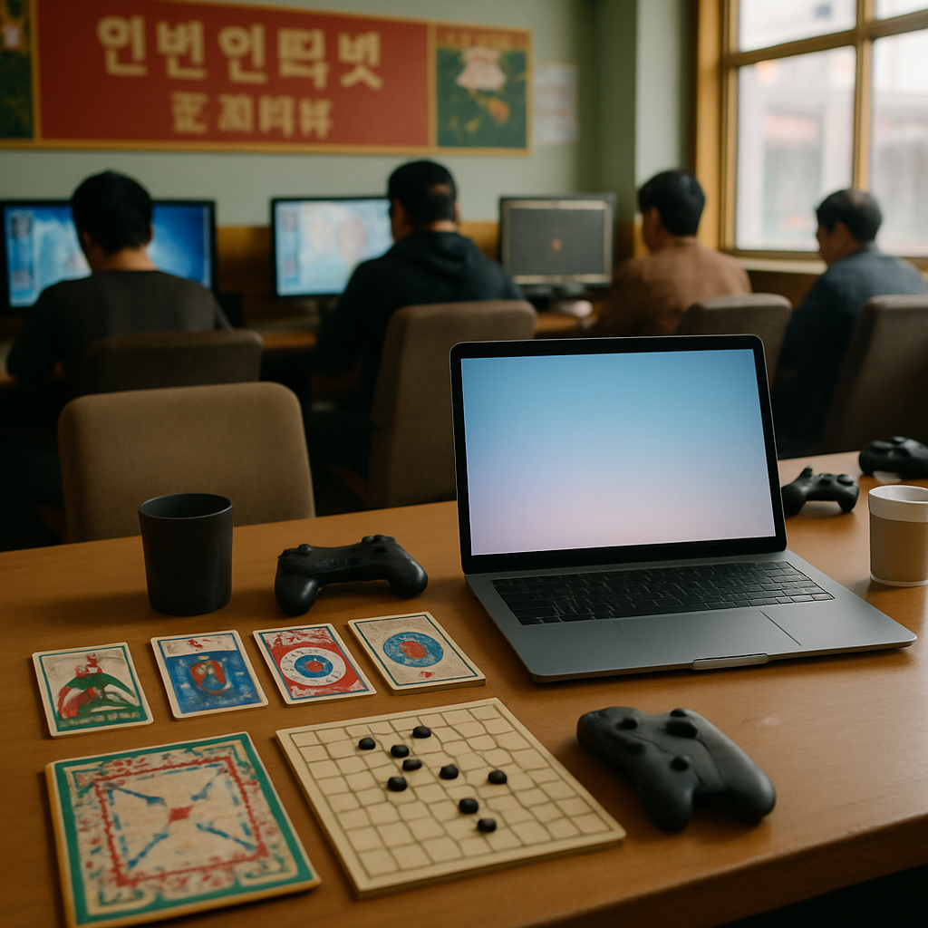 Computer workstation in a brightly-lit Korean game center with patrons and traditional games.