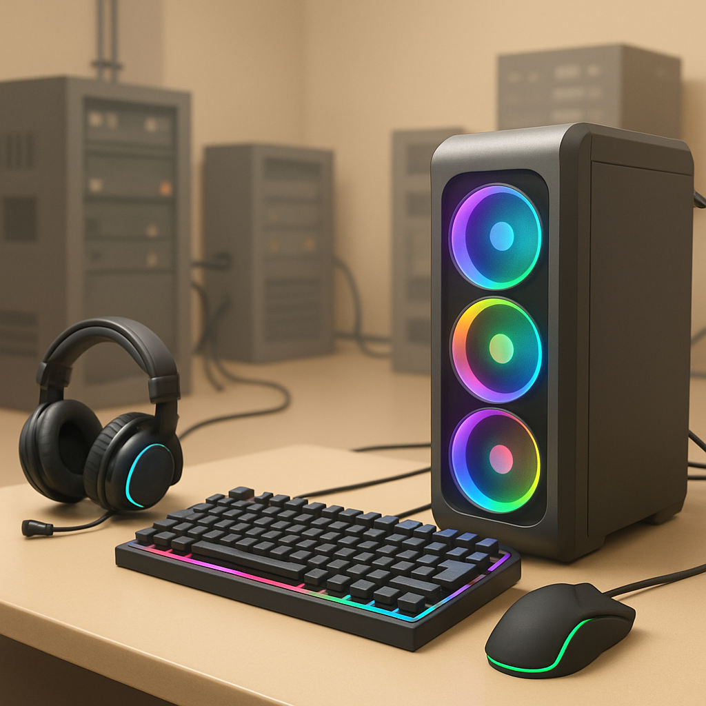 Brightly lit computer workstation with generic gaming peripherals and cables against a neutral background.