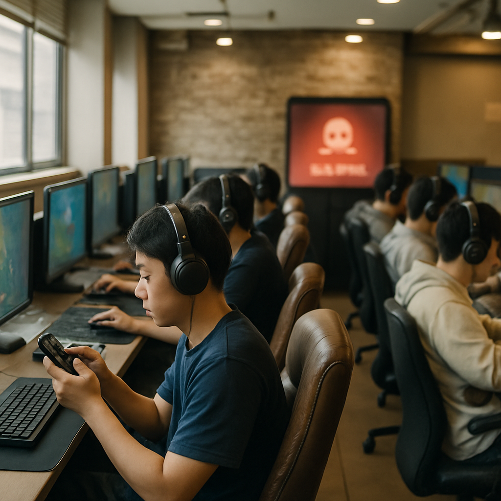 People play games at computers in a crowded internet cafe with a potentially infected system in the background.