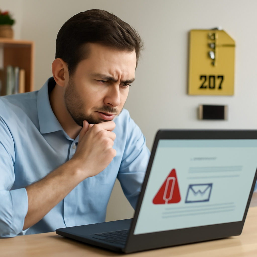 Concerned office worker or home user sits at desk, scrutinizing laptop screen with a wary expression.