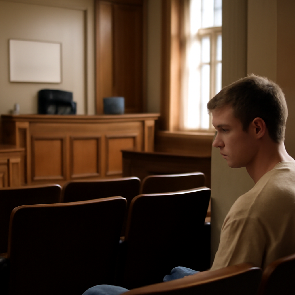 Young adult sits somberly in a courthouse seating area near a judge's bench.