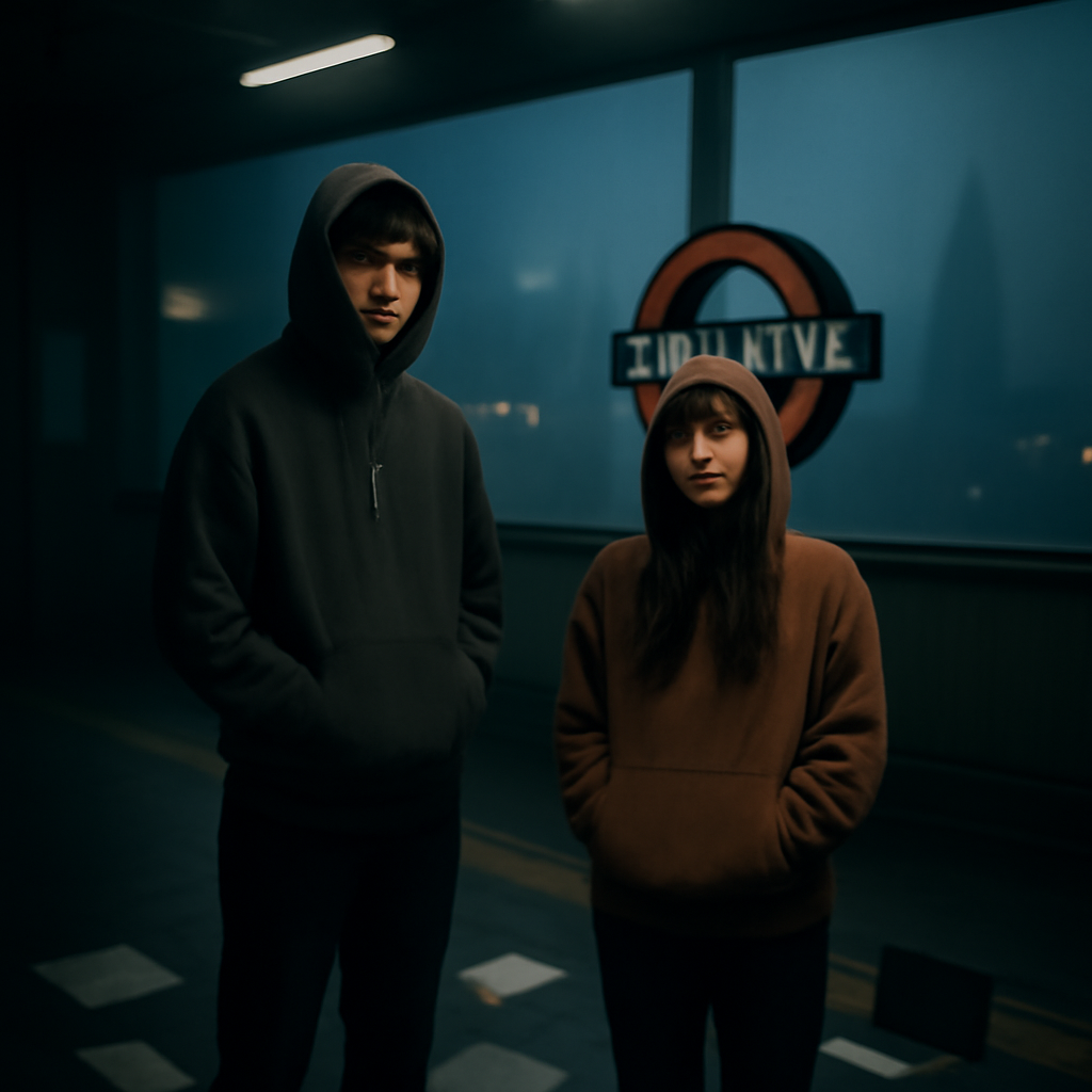 Two young people in hoodies stand on a dimly lit city transit platform at night with scattered papers and a laptop nearby.