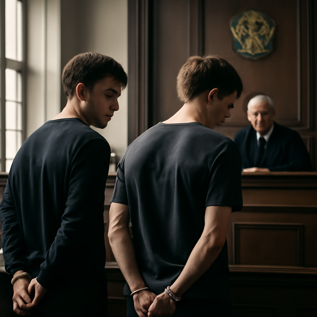 Two young men stand in a London courtroom, hands cuffed behind their backs, with somber expressions as they face the…