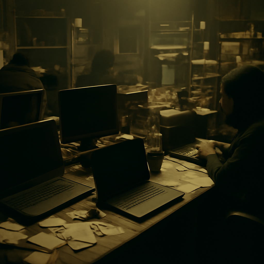 Dimly lit, cluttered hackerspace with multiple workstations, notes, and tech gadgets.