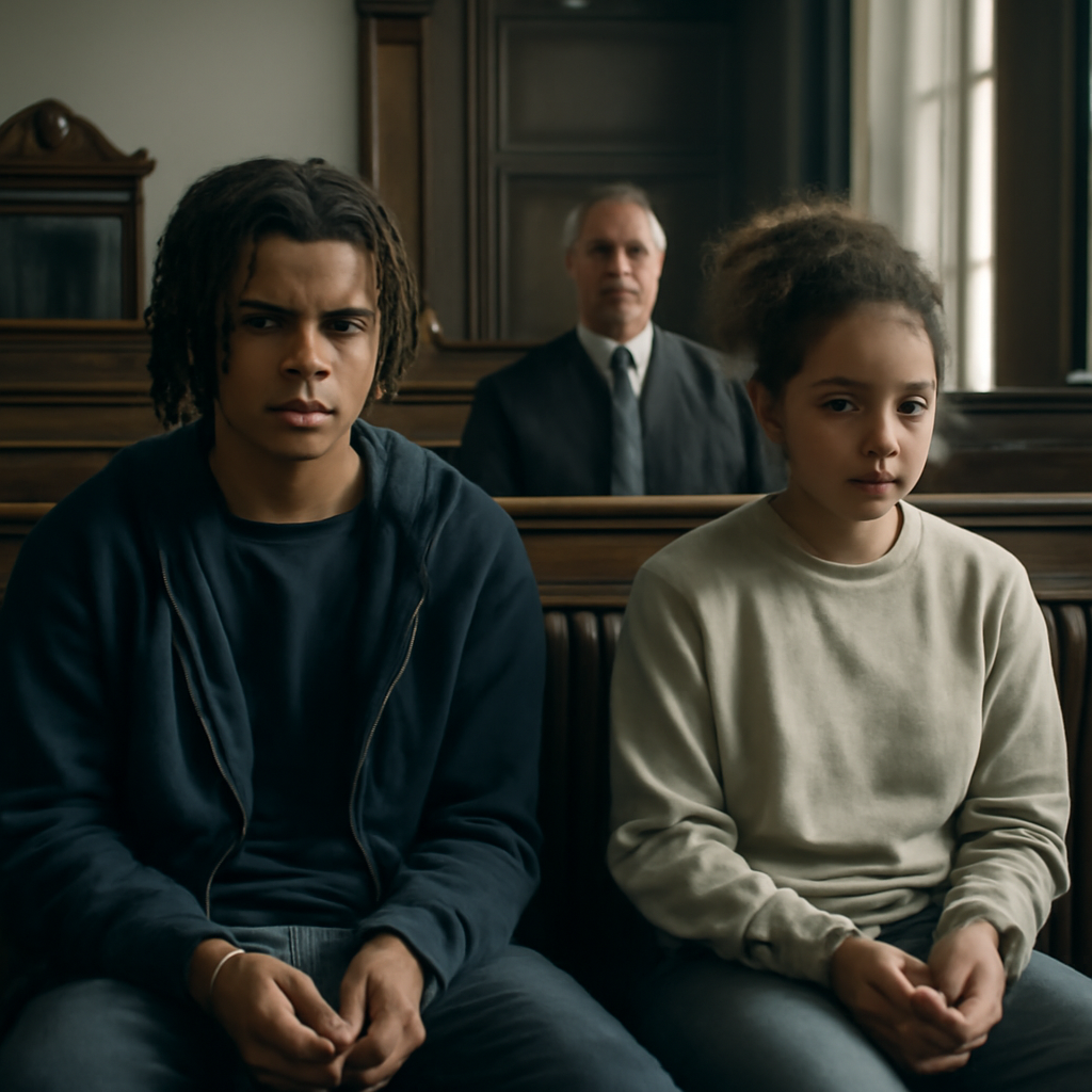 Two handcuffed teenagers sit somberly in a courtroom with a judge's bench and law enforcement officer in the background.