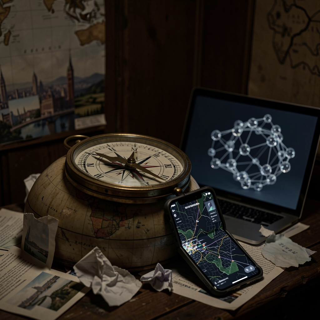 A broken compass lies on a vintage globe surrounded by scattered papers and a smartphone with a glowing screen, set against…