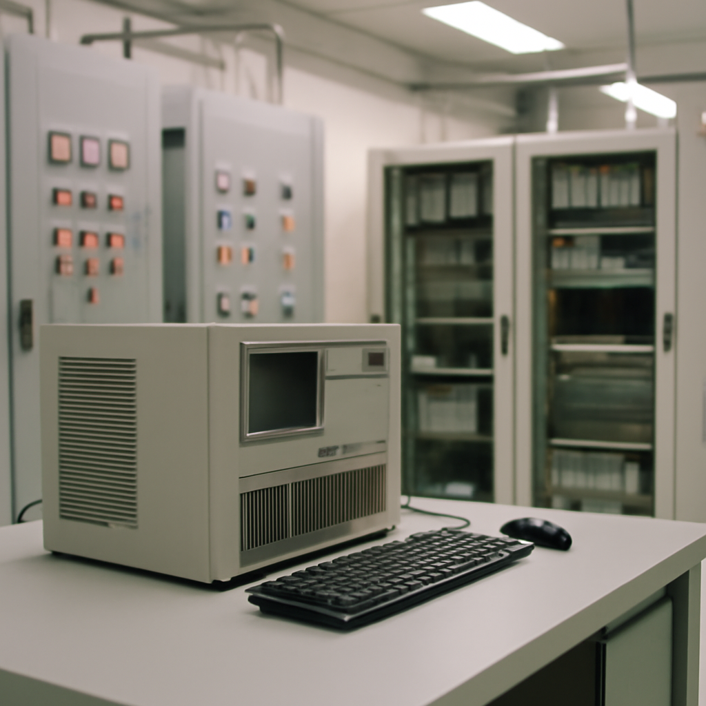 Brightly lit industrial facility server room with computer workstations and equipment.
