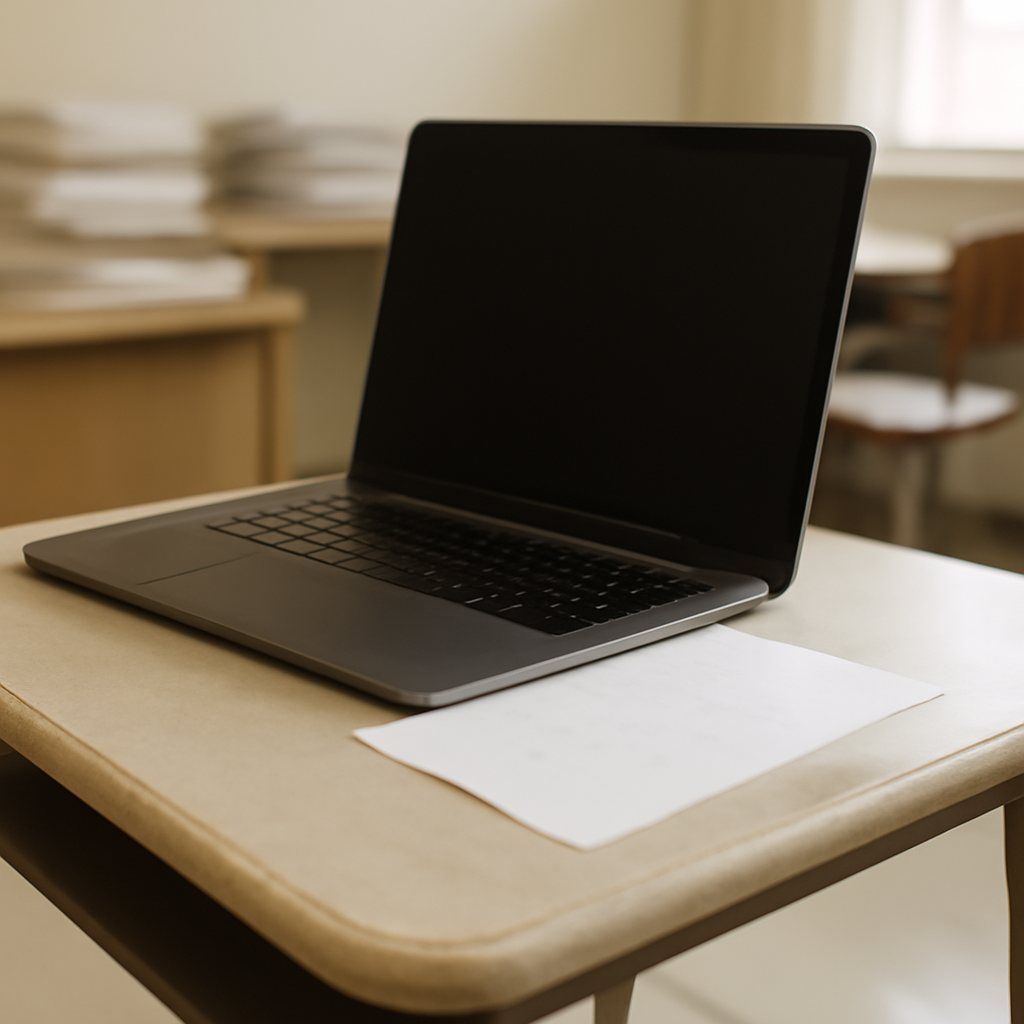 Laptop on a school desk with a piece of paper stuck to the underside, in a softly-focused office setting.