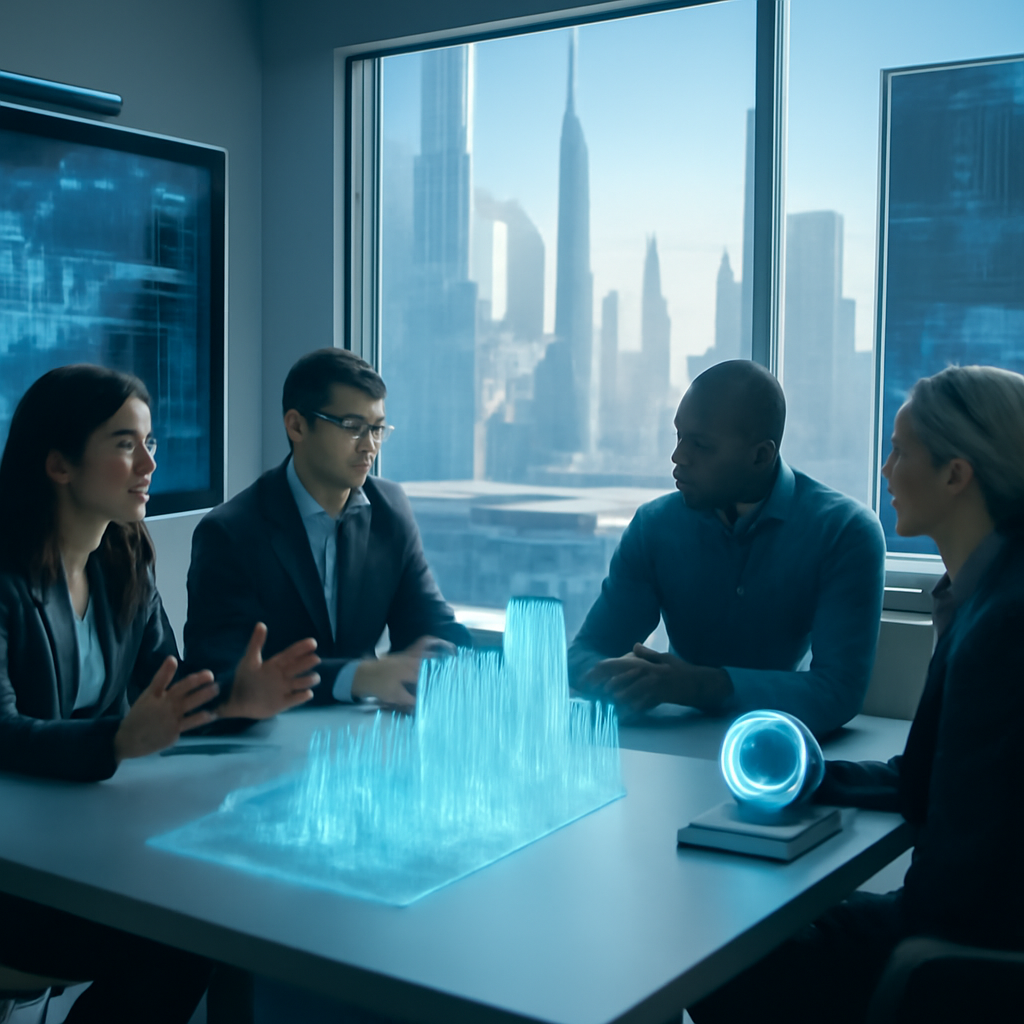 People discuss in a futuristic conference room with screens and cityscape backdrop.