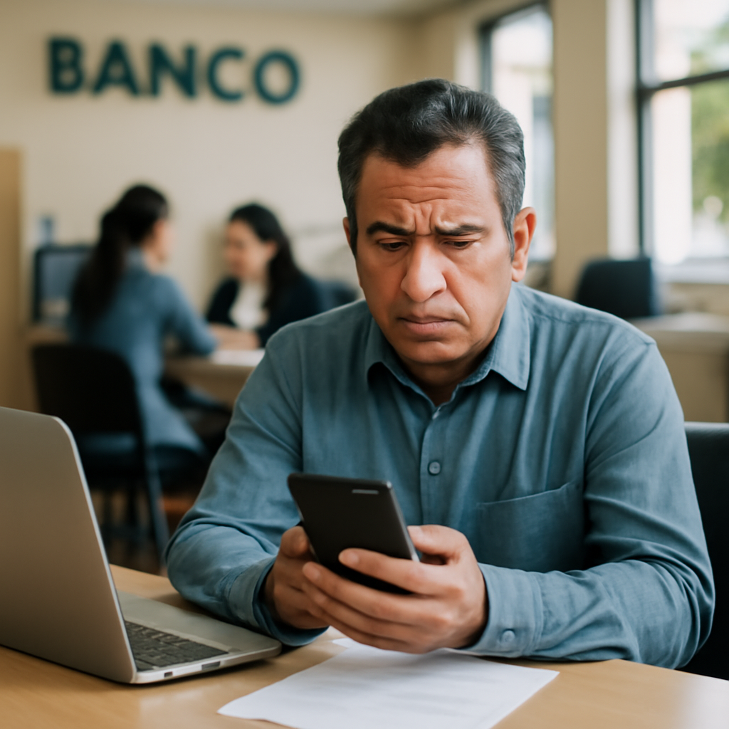Mexican bank branch interior with concerned customer on smartphone.
