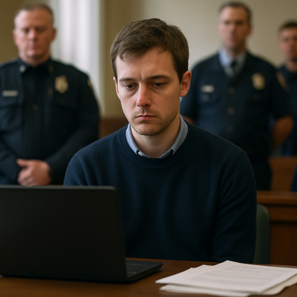 Young British man in his mid-twenties sits somberly in a formal setting surrounded by law enforcement officials.