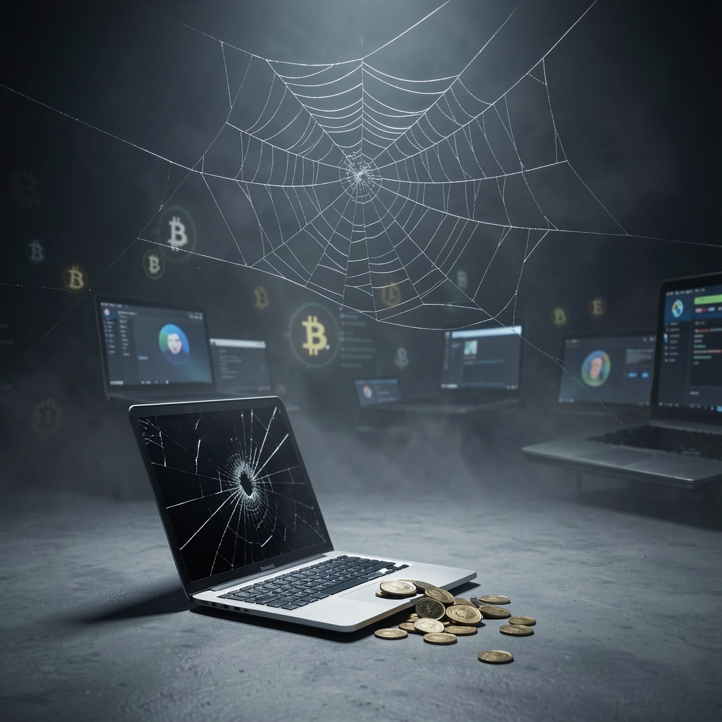 Dark, misty scene with shattered spider web, cracked laptop, and scattered coins, hinting at cryptocurrency heist.