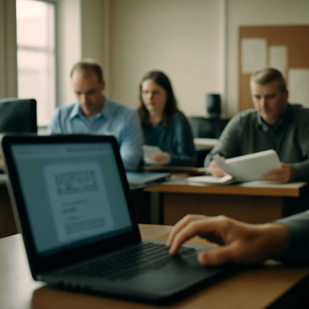 Blurred office scene with people working in background and hand typing on laptop keyboard in foreground.