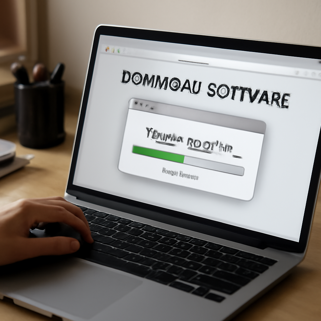 User downloads software from computer in home office, with fake website and zip file in foreground.