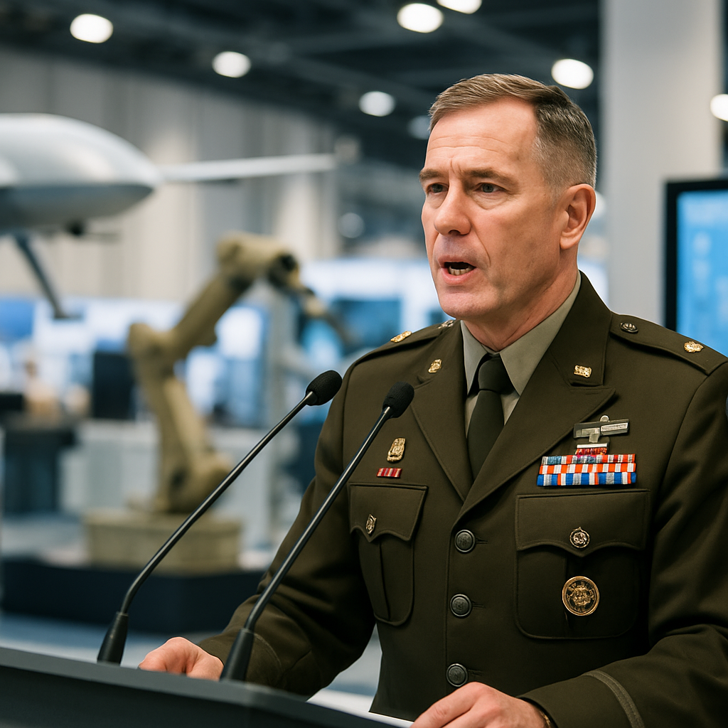 Military official speaks at podium with defense tech exhibits in background.