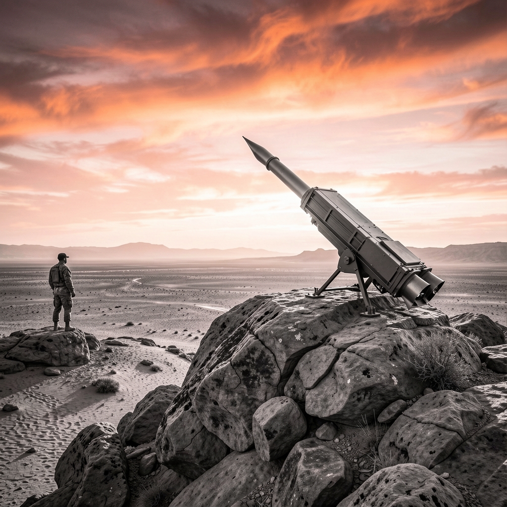Military trainee stands on rocky outcropping overlooking desert landscape with missile launcher in foreground.
