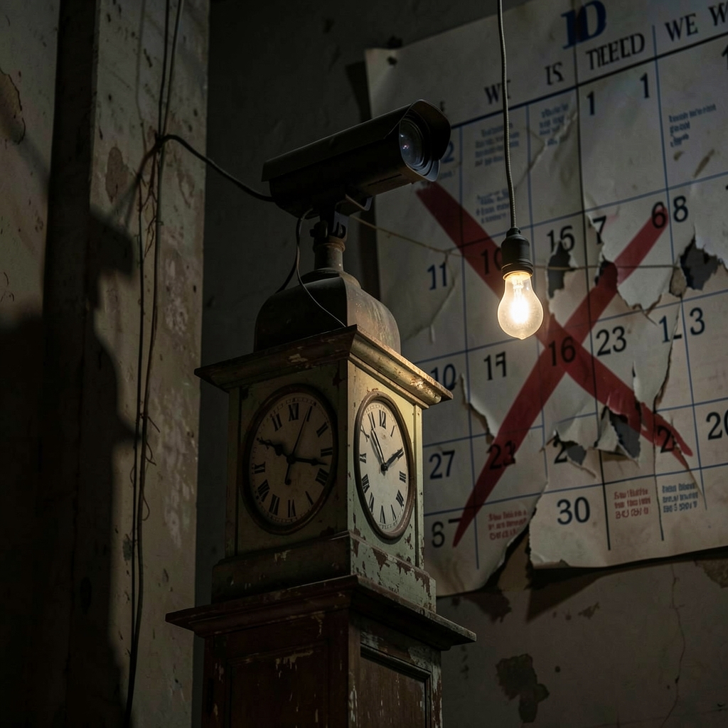 Surveillance camera on clock tower with torn calendar and flickering light bulb.