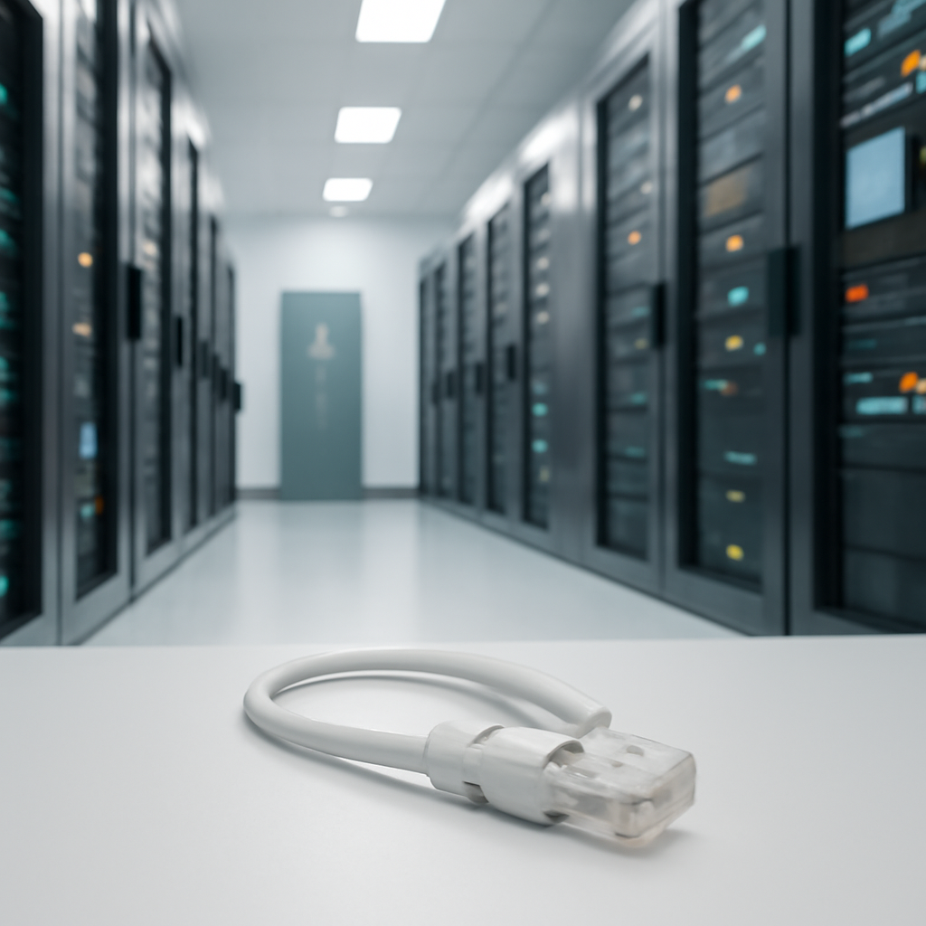 Secure server room interior with highlighted network cable.