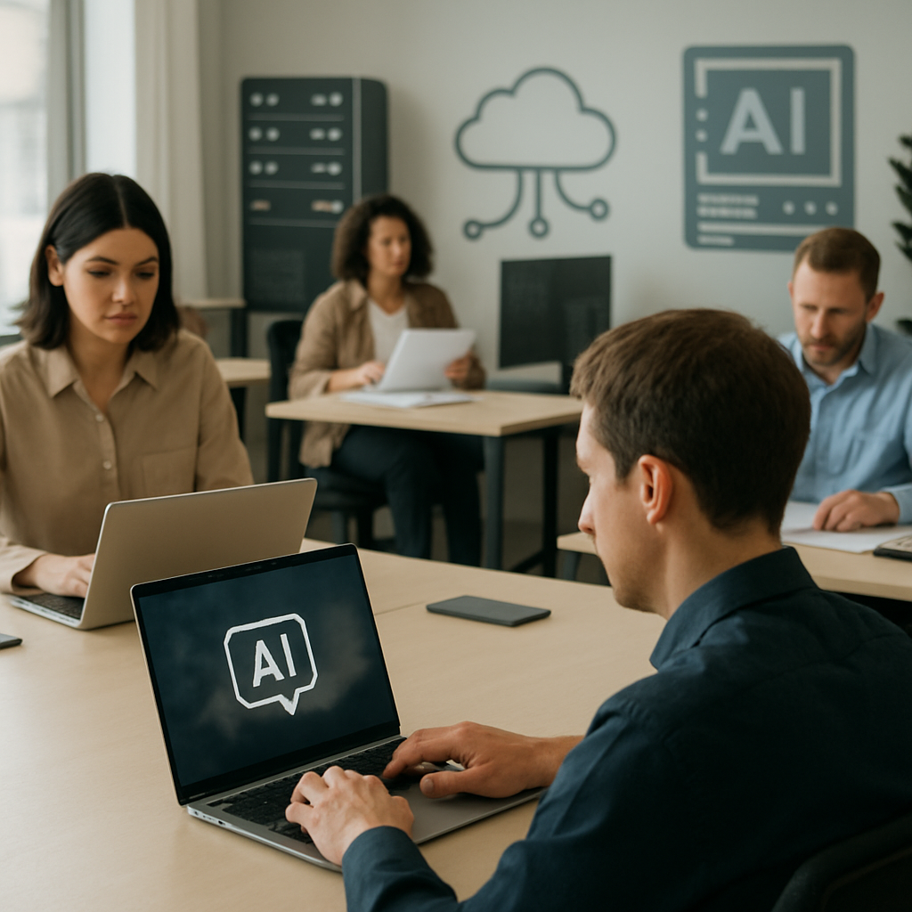 Employees work alongside AI technology in a brightly-lit office setting with laptops and papers.