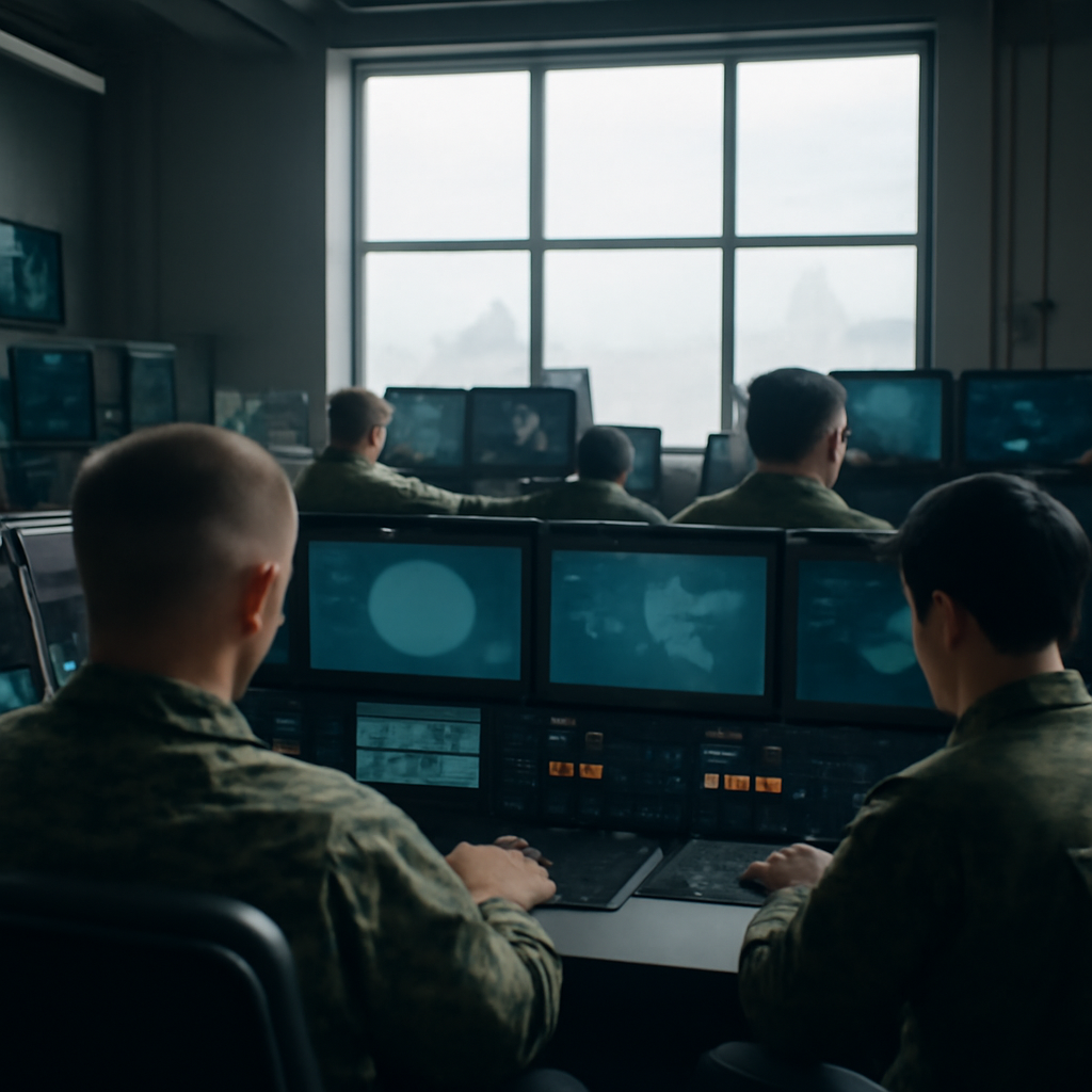 Military personnel work at console with screens and controls in a command center.
