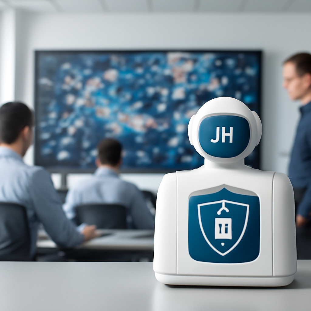 Brightly-lit network operations center with a large wall-mounted screen displaying security data.