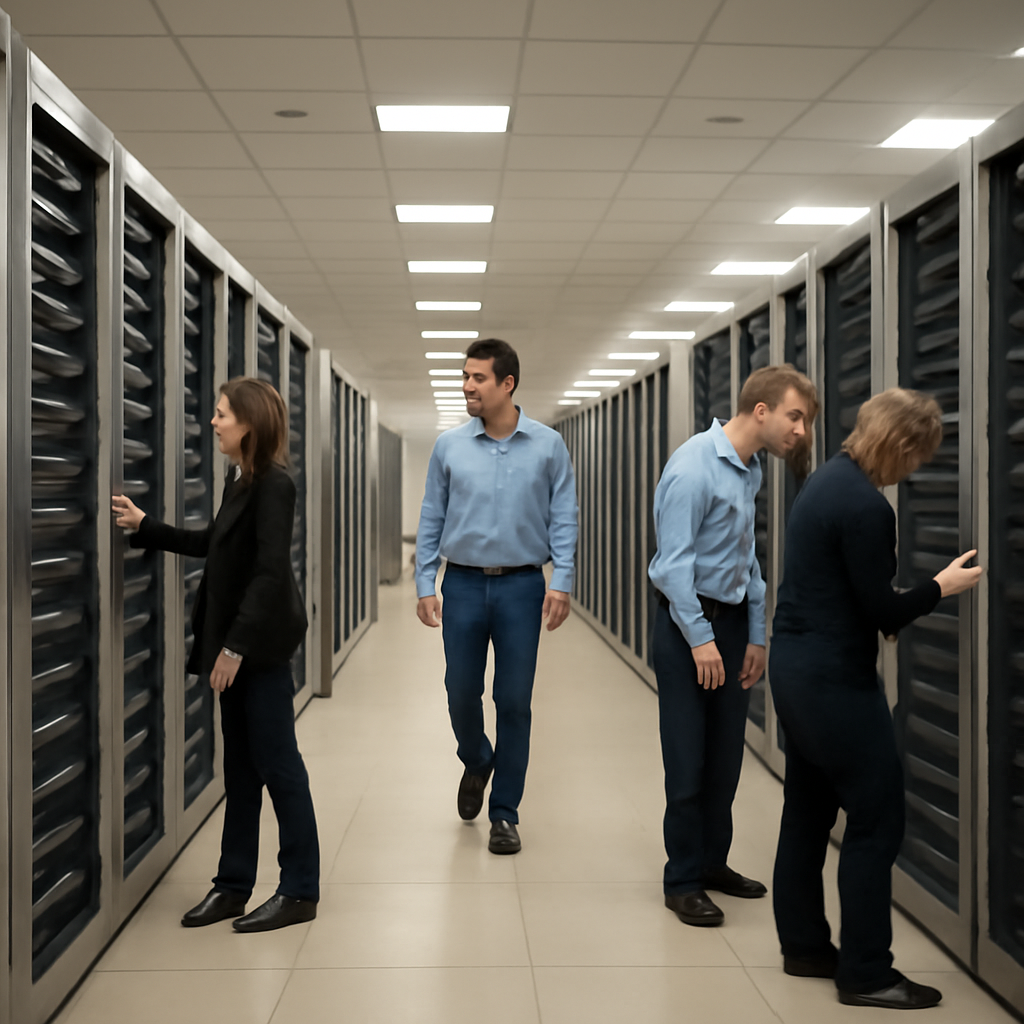 Rows of file servers in a corporate data storage area with people interacting with equipment.