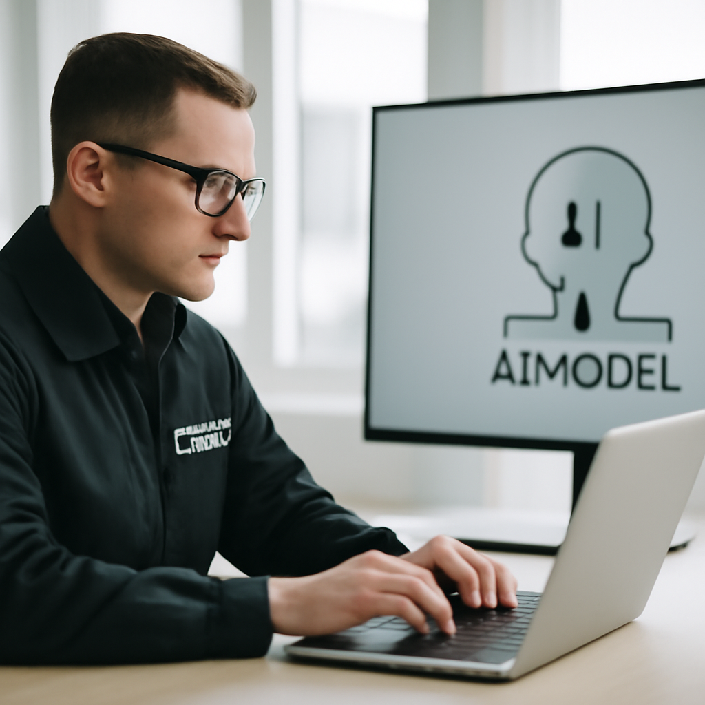 Security expert working on laptop and large monitor in modern office setting.