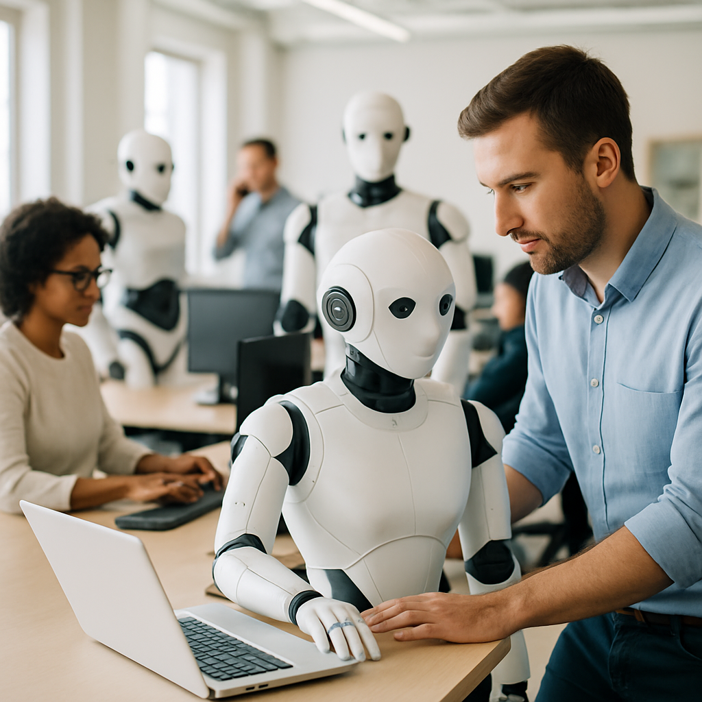 Humans and AI-driven technology collaborate in a modern office setting.