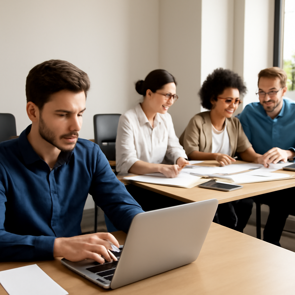 Employees work at desks in a modern office, one using a laptop and another collaborating.