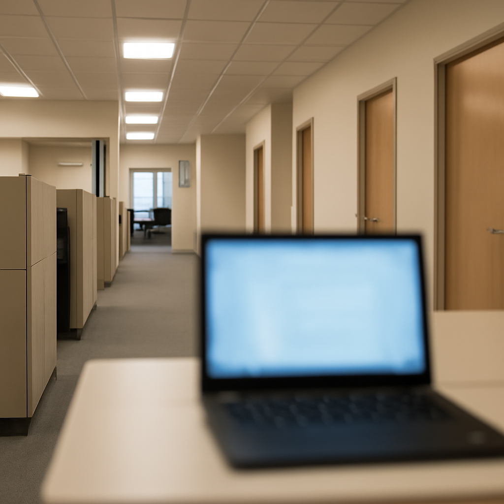 Empty office corridor with cubicles and private offices, laptop screen blurred in foreground.