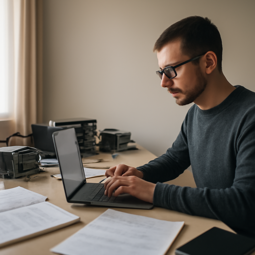 Security researcher working at a desk with laptop and notes.