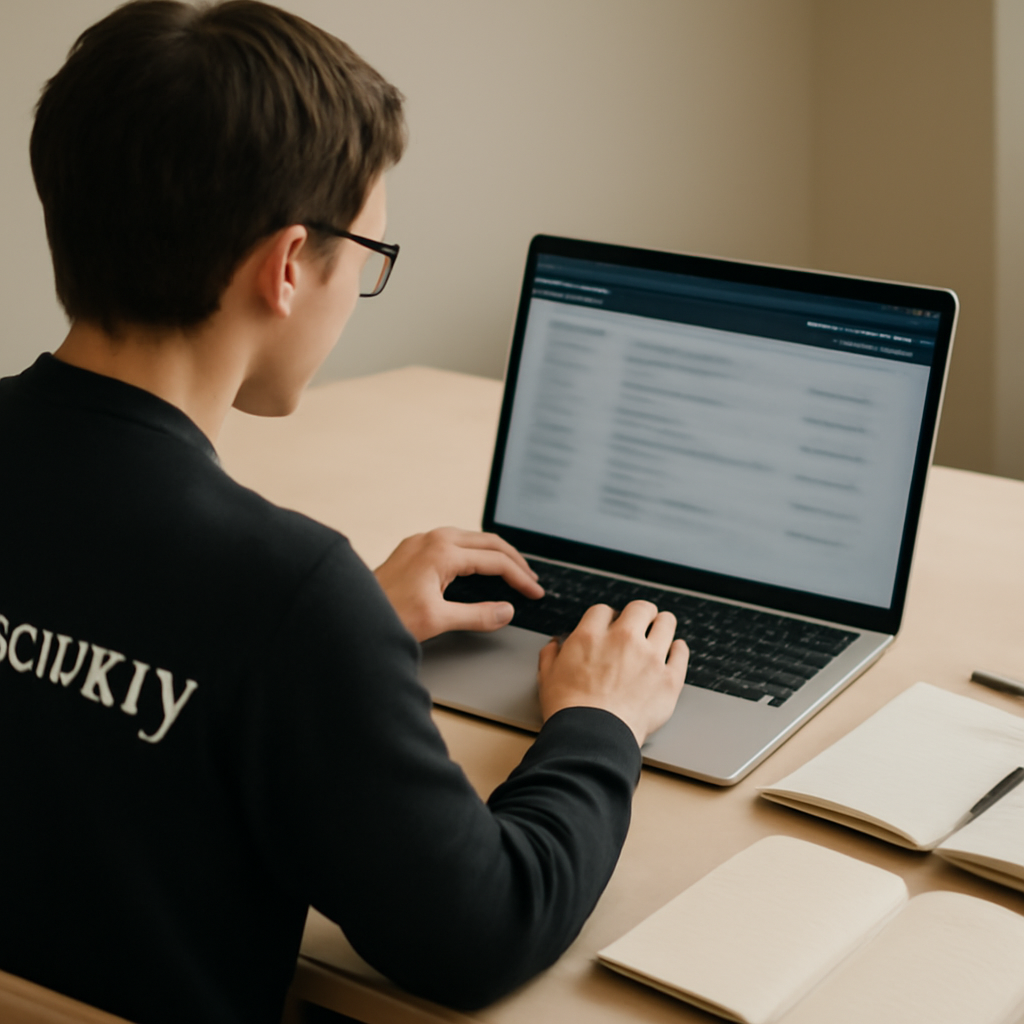 Security researcher pauses at desk with laptop and notebooks.