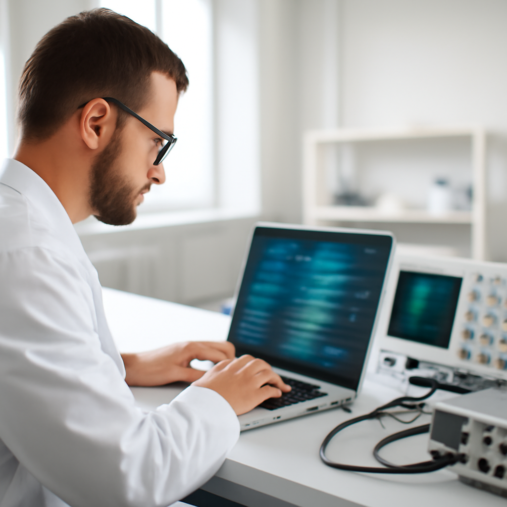 Security researcher working at a bench with laptop and technical instruments.