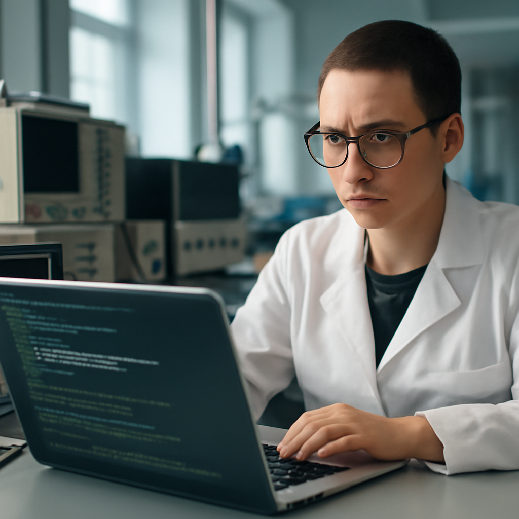 Security researcher examines code on laptop in laboratory setting.