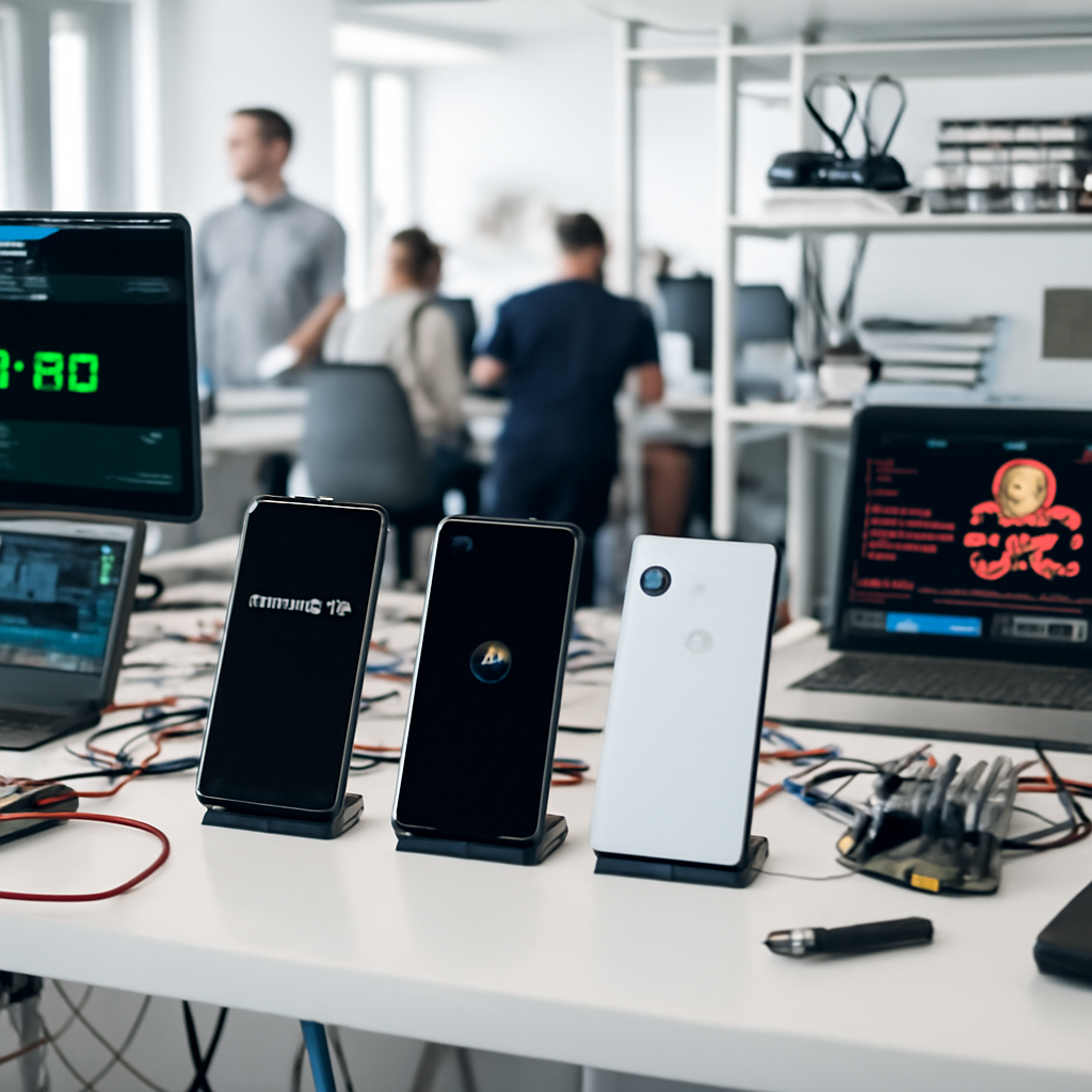 Security research lab setup with devices and equipment, including Samsung, Apple, and Google phones.