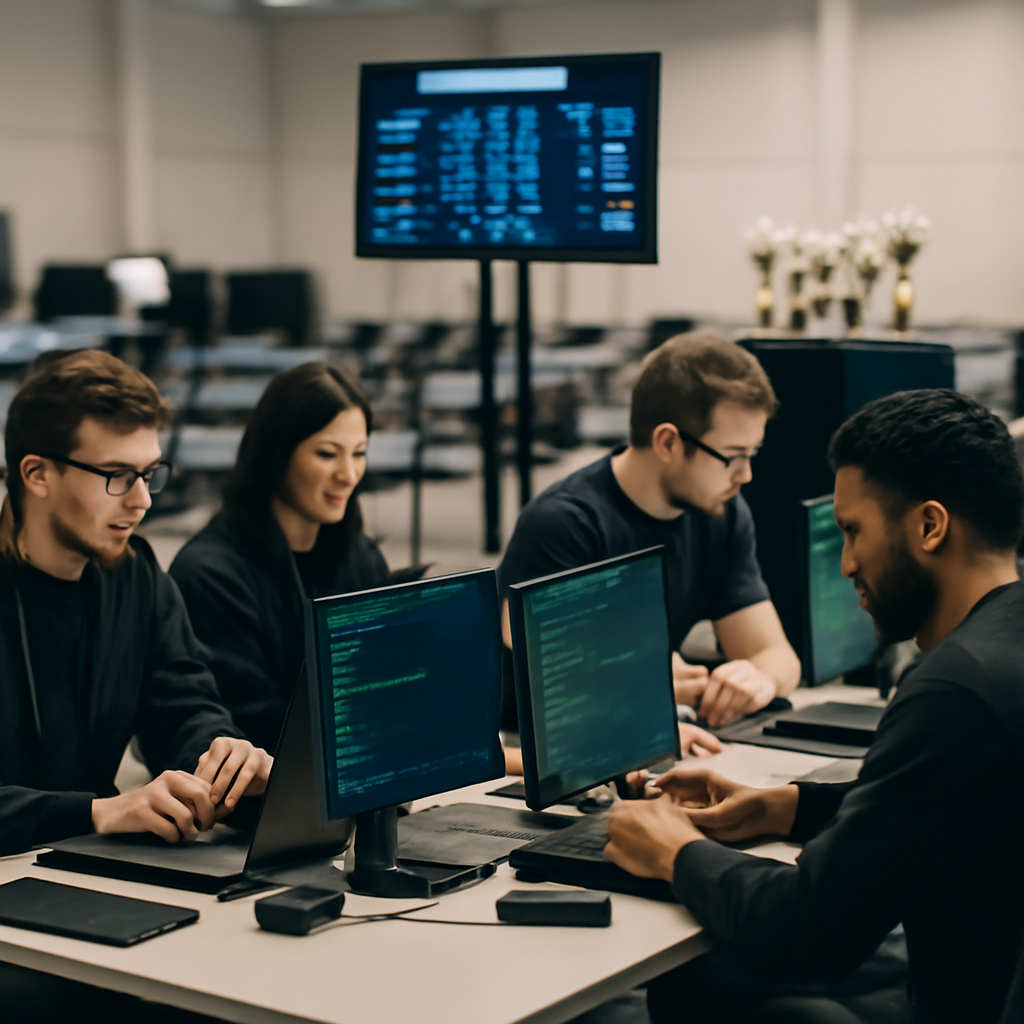 Security researchers work at computer stations in a brightly-lit conference setting.
