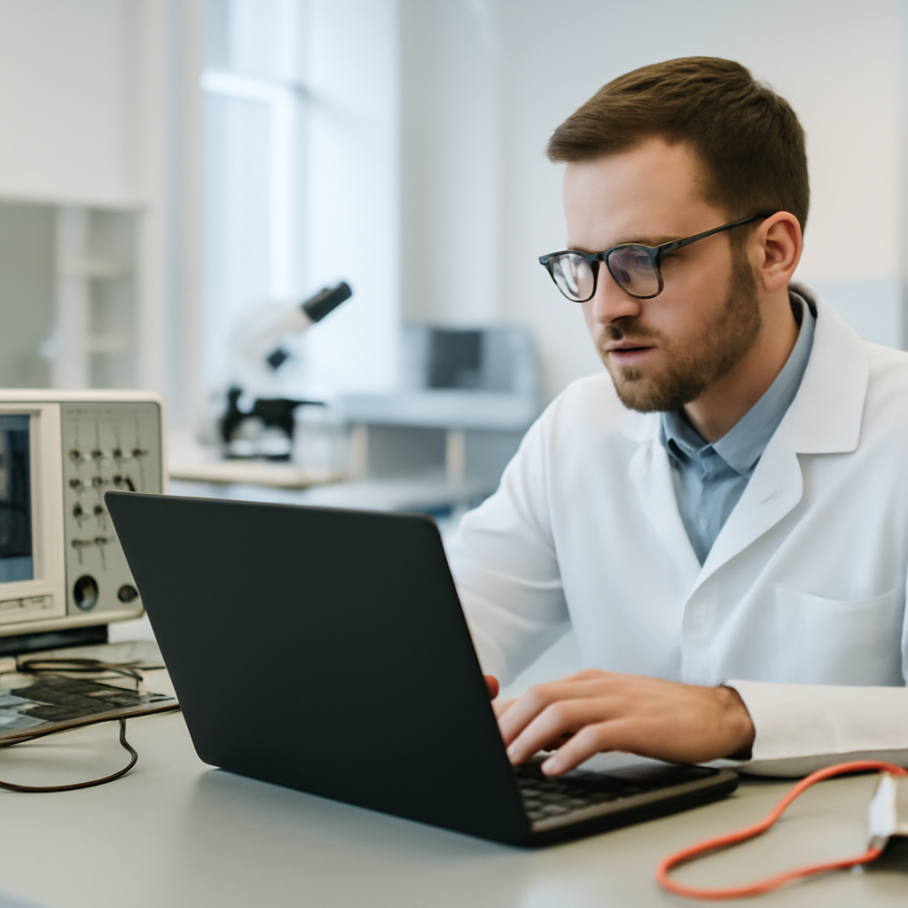 Security researcher working with laptop and technical instruments in a laboratory setting.