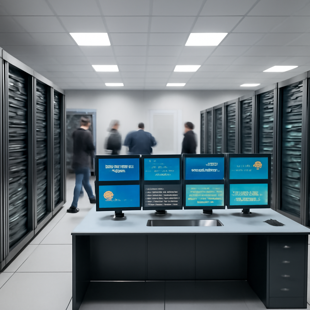 Security analysts work urgently in a dimly lit operations center surrounded by multiple screens displaying threat maps and…