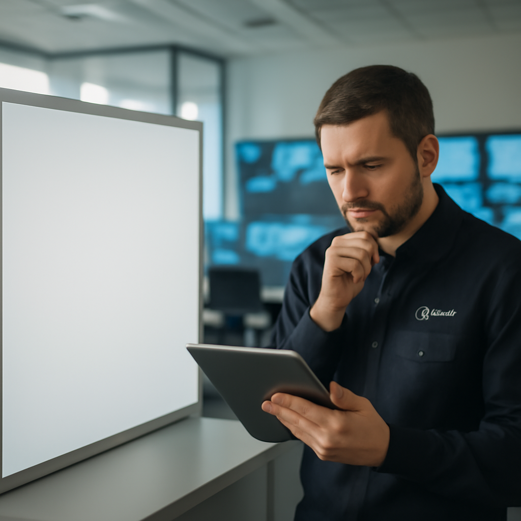 Security professional stands in modern office near blank whiteboard with computer screens in background.
