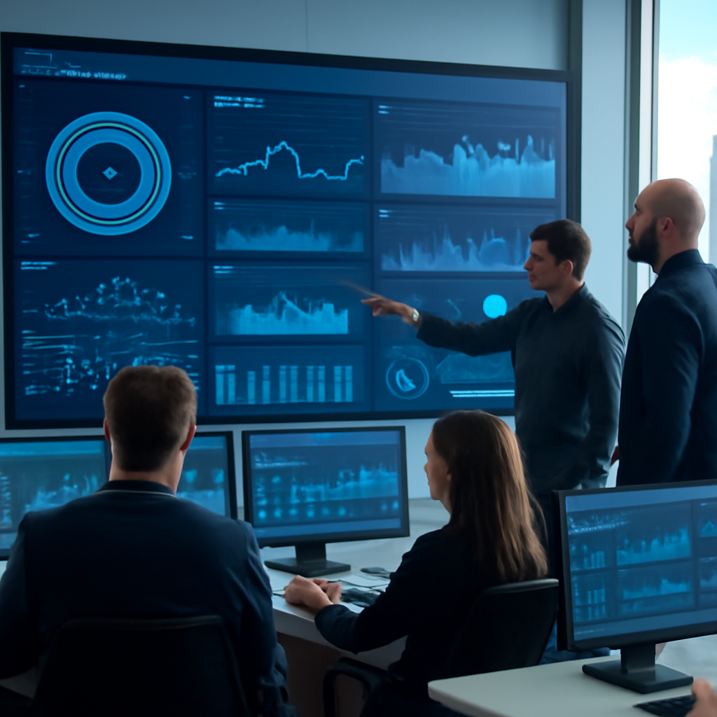 Security professionals gather around a large screen in a brightly-lit monitoring room with multiple workstations.
